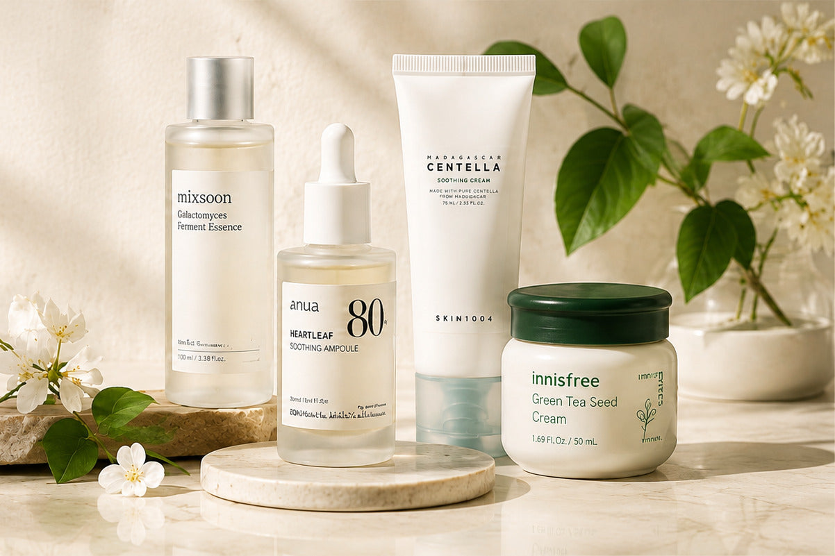 Korean skincare bottles and jars arranged on a marble ledge in warm daylight.
